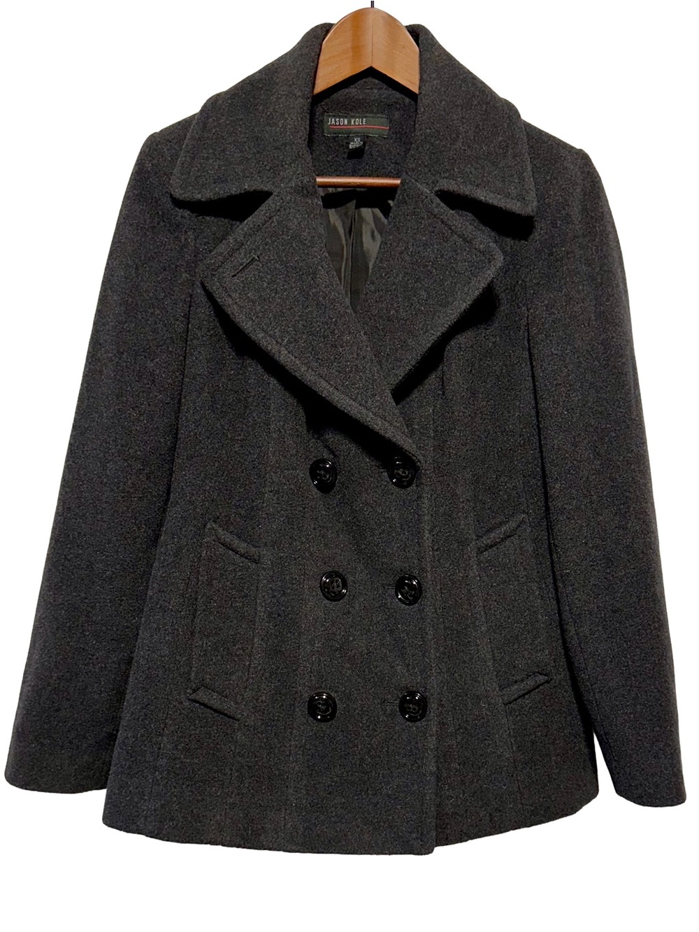 Jason Kole Womens XS Charcoal Wool Blend Double Breasted Peacoat